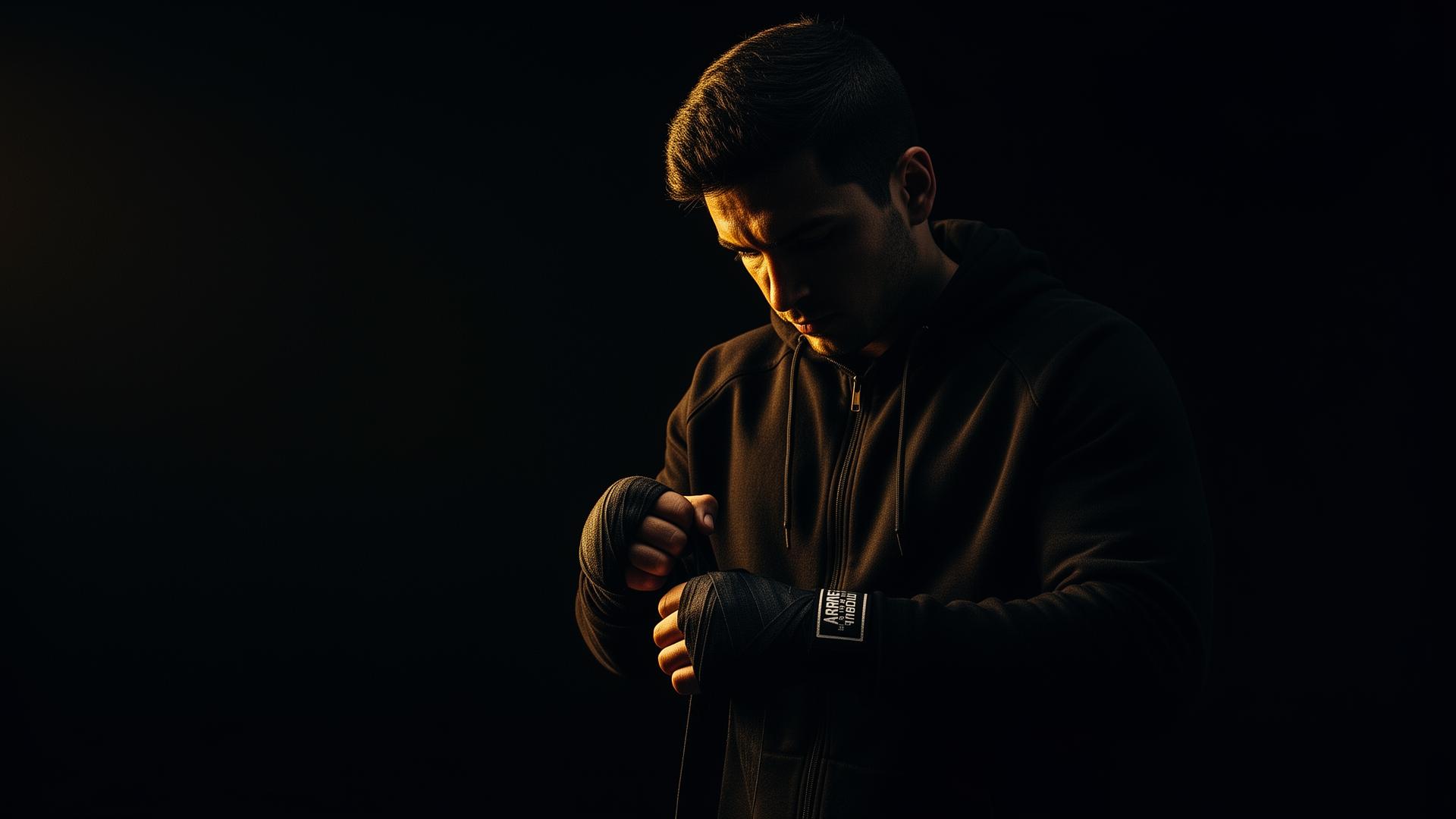 Boxer wrapping hands in shadow